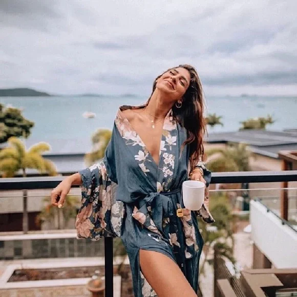 SOLD OUT Blue Floral Bohemian Peacock Kimono Duster Robe - Picture 7 of 7